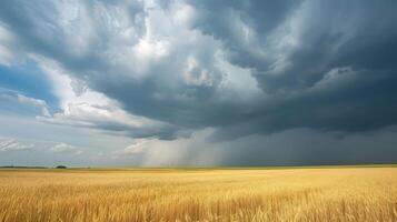 ai generiert Bewegung von Wolken Über ein landwirtschaftlich Feld mit Weizen. ein Sturm und Regen grau Wolke schwimmt über das Himmel mit ein sichtbar Regen Band. schwer Regen im das Dorf im Sommer- foto