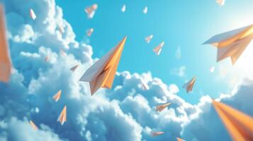 ai generiert anders, Führer Individualität Konzept. einzigartig Papier Flugzeug fliegend oben im das Himmel während das Gruppe von Fehler ist fallen runter. Geschäft Metapher Foto