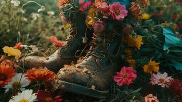 ai generiert Stiefel abgelegt mit Blumen foto