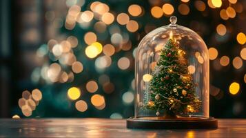 ai generiert Weihnachten Baum im ein Glas Kuppel Stehen auf ein Tisch, ein Fragment von das Weihnachten Baum und Bokeh Beleuchtung im das Hintergrund foto