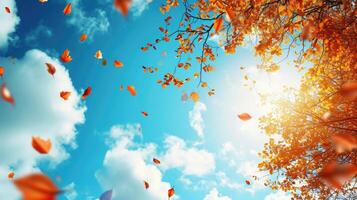 ai generiert Herbst Landschaft. Herbst Baum Blätter Himmel Hintergrund. foto