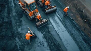 ai generiert Arbeitskräfte auf ein Straße Konstruktion foto