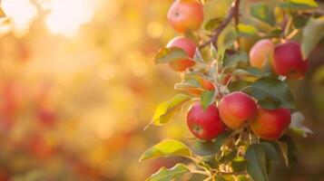ai generiert ein Ast mit natürlich Äpfel auf ein verschwommen Hintergrund von ein Apfel Obstgarten beim golden Stunde. das Konzept von organisch, lokal, saisonal Früchte und Ernte foto