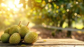 ai generiert Durian Obst auf hölzern Tabelle mit verwischen Durian Plantage Hintergrund. foto