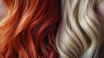 ai generiert Haar einstellen Frau Farbe Färbung, Haar Pflege, Styling und Frisur blond und rot Farbe, Textur foto