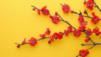 ai generiert rot Aprikose blühen Ast auf Gelb Hintergrund. eben legen. Chinesisch Neu Jahr Dekoration. foto