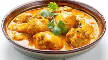 ai generiert Hähnchen korma isoliert auf Weiß. indisch Küche Fleisch Curry Gericht mit Kokosnuss Milch Masala. asiatisch Essen foto