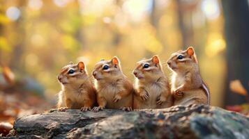ai generiert Gruppe von komisch Streifenhörnchen im das wild foto