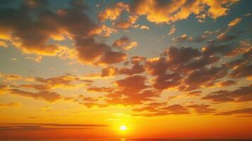 ai generiert Sonnenuntergang Himmel auf Dämmerung im das Abend mit Orange Gold Sonnenuntergang Wolke Natur Himmel Hintergrund, Horizont golden Himmel, Sonnenaufgang Wolken prächtig, Dämmerung Himmel foto