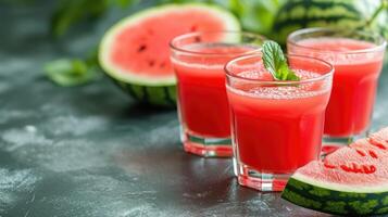 ai generiert frisch gedrückt Saft von ein Wassermelone auf ein Tabelle im Brille. Vorbereitung von ein Cocktail oder ein nicht alkoholisch trinken. gesund Essen und Obstarismus foto