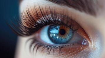 ai generiert weiblich Auge mit extrem lange falsch Wimpern Wimper Erweiterungen bilden Kosmetika Schönheit schließen oben Makro foto