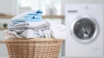 ai generiert Wäsche Korb mit gewaschen Kleider im Vorderseite von Waschen Maschine beim Zuhause foto