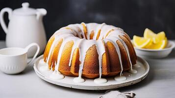 ai generiert Zitrone Bundt Kuchen mit Weiß Glasur auf ein grau Hintergrund foto