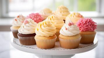 ai generiert Stand mit köstlich Cupcakes auf verschwommen Hintergrund, Nahaufnahme. köstlich Dessert foto