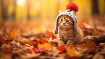 ai generiert süß Ingwer Kätzchen im warm Hut und Schal auf Herbst Blätter Hintergrund foto