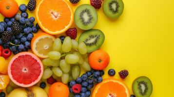 ai generiert ein Array von bunt frisch Früchte, einschließlich Orangen, Kiwis, Trauben, und Beeren, kunstvoll vereinbart worden auf ein beschwingt Gelb Hintergrund foto