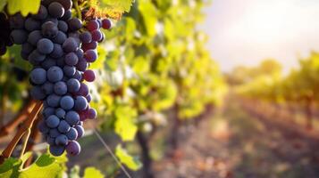 ai generiert sonnig Weinberg mit Cluster von reif Trauben im Fokus foto