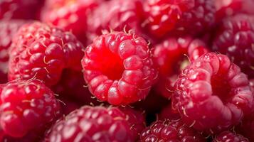 ai generiert ein Nahansicht Aussicht von ein Gruppe von reif, lebendig rot Himbeeren mit ein tief, texturiert Detail foto