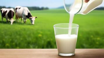 ai generiert Milch Gießen in Glas auf Tabelle gegen verschwommen Hintergrund. Molkerei Produkte foto