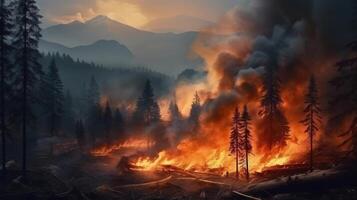 ai generiert Verbrennung Wald im das ukrainisch Karpaten. das Konzept von ökologisch Katastrophe. foto