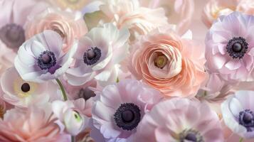 ai generiert Pastell- farbig Ranunkel und Anemone Blumen. Blumen- Hintergrund foto