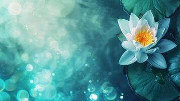 ai generiert Magie glühend Lotus Blume auf kalt Blau Grün Wasser Hintergrund foto