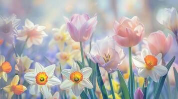 ai generiert Pastell- farbig Frühling Blumen Tulpen, Narzissen, Narzisse. Blumen- Hintergrund foto