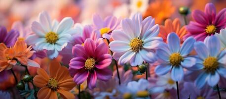 bunt Kosmos Blumen Blühen im das Garten mit Sanft Fokus. foto