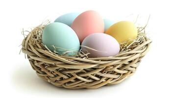 ai generiert multi Farben Ostern Eier im das gewebte Korb isoliert auf Weiß Hintergrund mit Ausschnitt Weg. Pastell- Farbe Ostern Eier foto