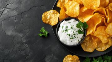 ai generiert Kartoffel Chips mit sauer Sahne und Petersilie auf ein schwarz Hintergrund foto