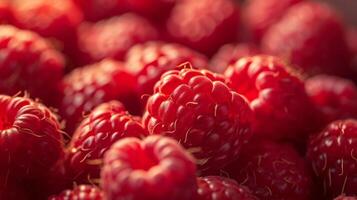 ai generiert ein Nahansicht Aussicht von ein Gruppe von reif, lebendig rot Himbeeren mit ein tief, texturiert Detail foto