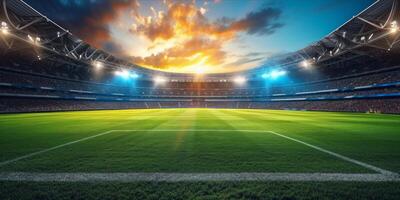 ai generiert Fußball Stadion mit Grün Feld zum Fußball Wettbewerb passen. Fußball Tasse Turnier foto