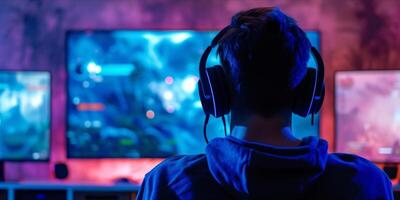 ai generiert jung zuversichtlich Mann spielen online Video Spiel. Übertragung Leben Streaming beim heim, Spieler spielen online Esport Turnier foto