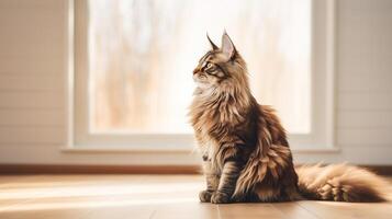 ai generiert ein groß hoch Erwachsene braun Maine Waschbär Katze mit ein groß flauschige Schwanz und ausgesprochen Eigenschaften von ein Maine Wald Katze, sitzt auf ein Licht hölzern Fußboden im ein hell Zimmer Kopieren Raum foto