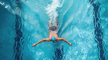 ai generiert oben Aussicht männlich Schwimmer Schwimmen im Schwimmen Schwimmbad. Fachmann entschlossen Athlet Ausbildung zum das Meisterschaft, mit Schmetterling Technik. oben Aussicht Schuss foto