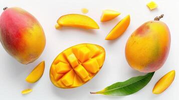 ai generiert Mango Obst und Hälfte mit Scheiben isoliert auf Weiß Hintergrund. oben Sicht. eben legen foto