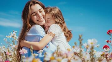 ai generiert glücklich Mutter und Tochter genießen Qualität Zeit zusammen. froh Mama Umarmen ihr Tochter umgeben durch Blumen. herzerwärmend und emotional resonant zum Mutter Tag foto