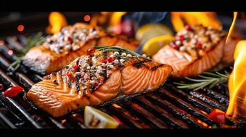 ai generiert gegrillt Lachs Fisch mit verschiedene Gemüse auf das flammend Grill foto