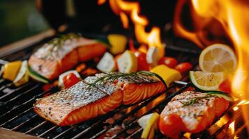 ai generiert gegrillt Lachs Fisch mit verschiedene Gemüse auf das flammend Grill foto