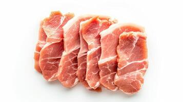 ai generiert geschnitten roh Schweinefleisch Fleisch isoliert auf Weiß Hintergrund. oben Sicht. eben legen foto