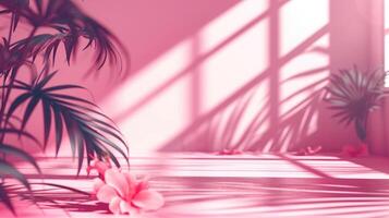 ai generiert abstrakt Rosa Farbe Gradient Studio Hintergrund zum Produkt Präsentation. leeren Zimmer mit Schatten von Fenster und Blumen und Palme Blätter foto