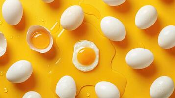 ai generiert Weiß Eier und Ei Eigelb auf das Gelb Hintergrund foto