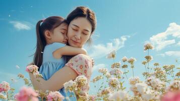 ai generiert glücklich Mutter und Tochter genießen Qualität Zeit zusammen. froh Mama Umarmen ihr Tochter umgeben durch Blumen. herzerwärmend und emotional resonant zum Mutter Tag foto