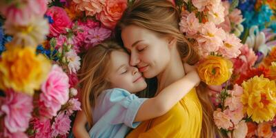 ai generiert glücklich Mutter und Tochter genießen Qualität Zeit zusammen. froh Mama Umarmen ihr Tochter umgeben durch Blumen. herzerwärmend und emotional resonant zum Mutter Tag foto