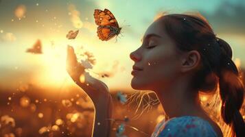 ai generiert das Mädchen befreit das Schmetterling von Moment Konzept von Freiheit foto