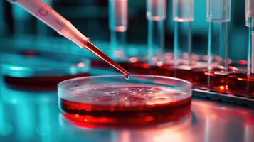 ai generiert biomedizinisch Forschung, Pipettieren Stichprobe in ein Petri Gericht im Labor foto