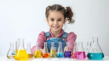 ai generiert glücklich wenig Mädchen mit Flaschen zum Chemie isoliert auf ein Weiß Hintergrund foto