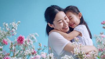 ai generiert glücklich Mutter und Tochter genießen Qualität Zeit zusammen. froh Mama Umarmen ihr Tochter umgeben durch Blumen. herzerwärmend und emotional resonant zum Mutter Tag foto