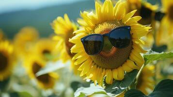 ai generiert Sonnenblumen im das Feld , Sonnenblumen tragen Sonnenbrille im Sommer- foto