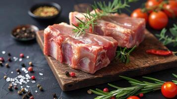 ai generiert frisch Schweinefleisch Bauch Block auf hölzern Tafel foto